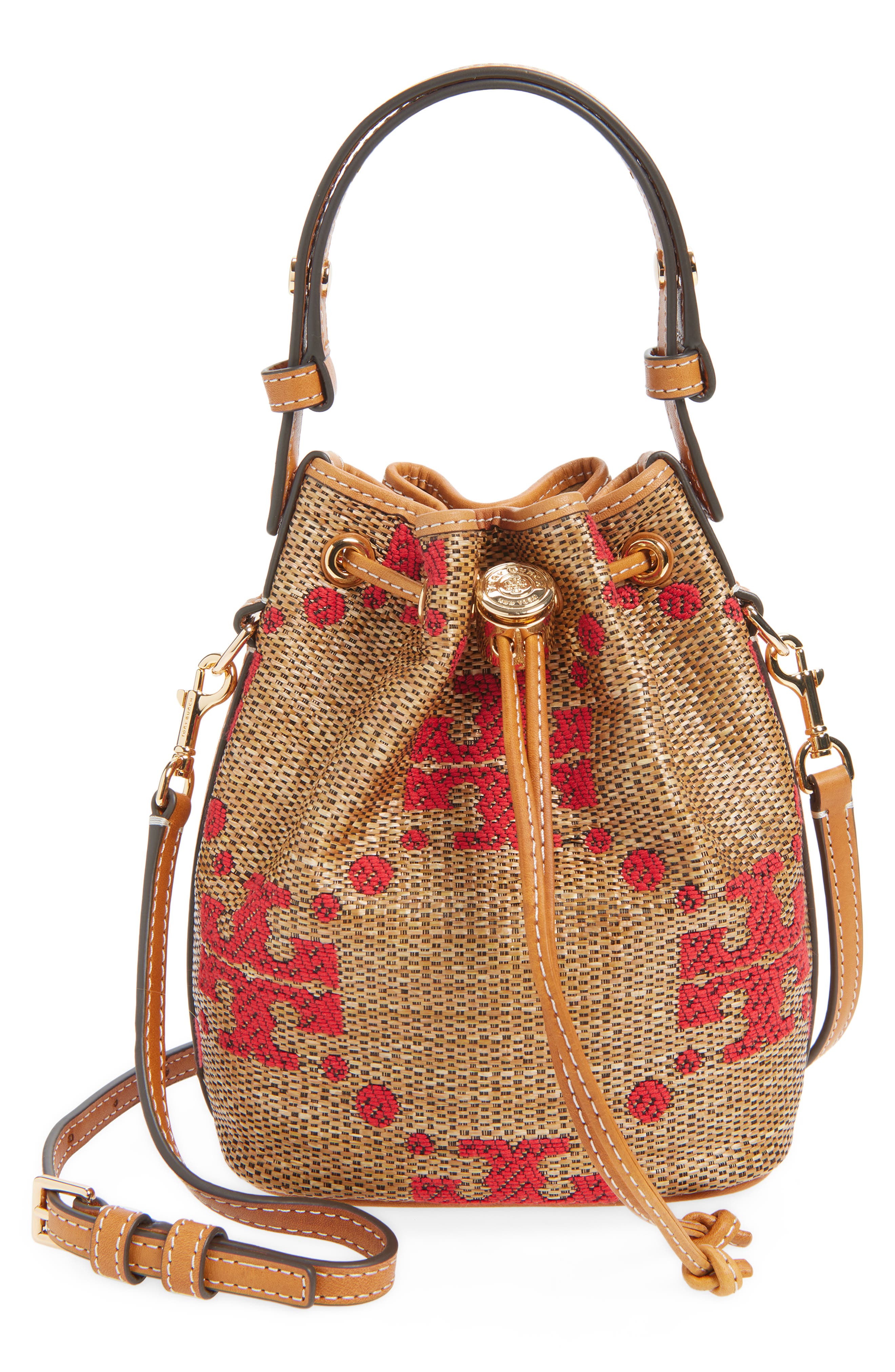 Tory Burch Mini T Monogram Straw Bucket Bag, Main, color, Natural