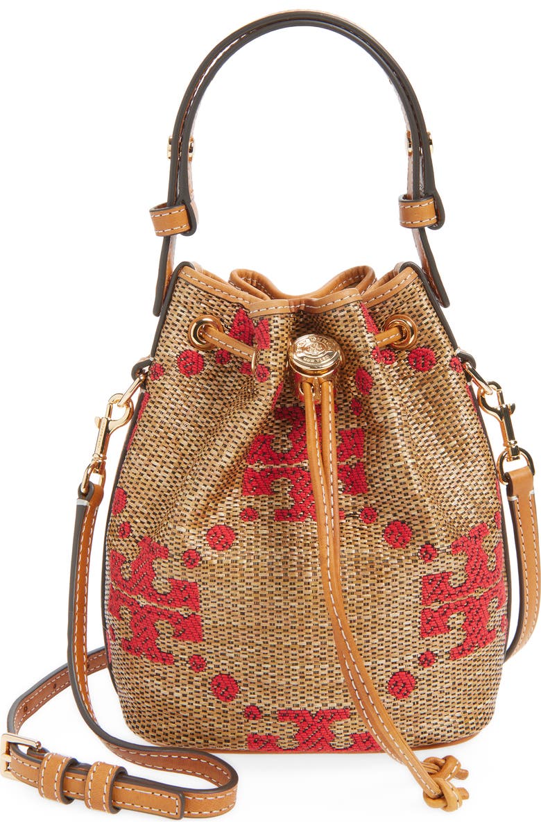 Tory Burch Mini T Monogram Straw Bucket Bag, Main, color, Natural