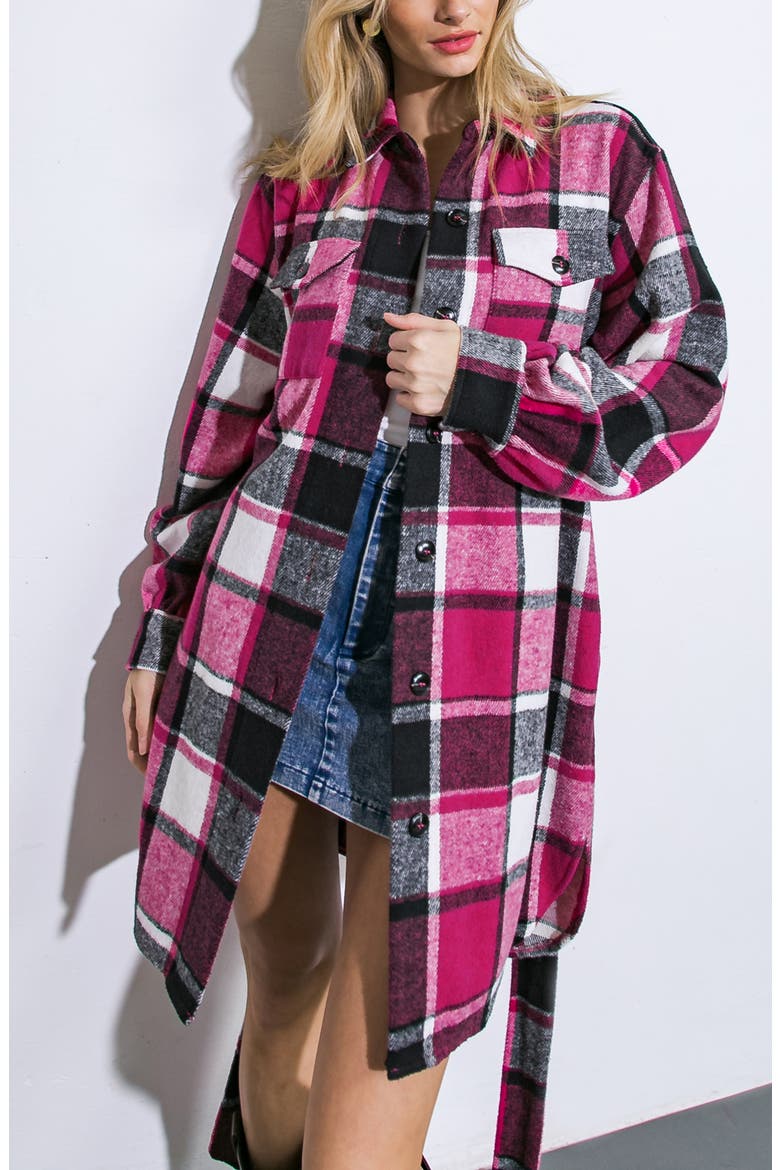 Plaid Longline Shirt Jacket, Alternate, color, MAGENTA