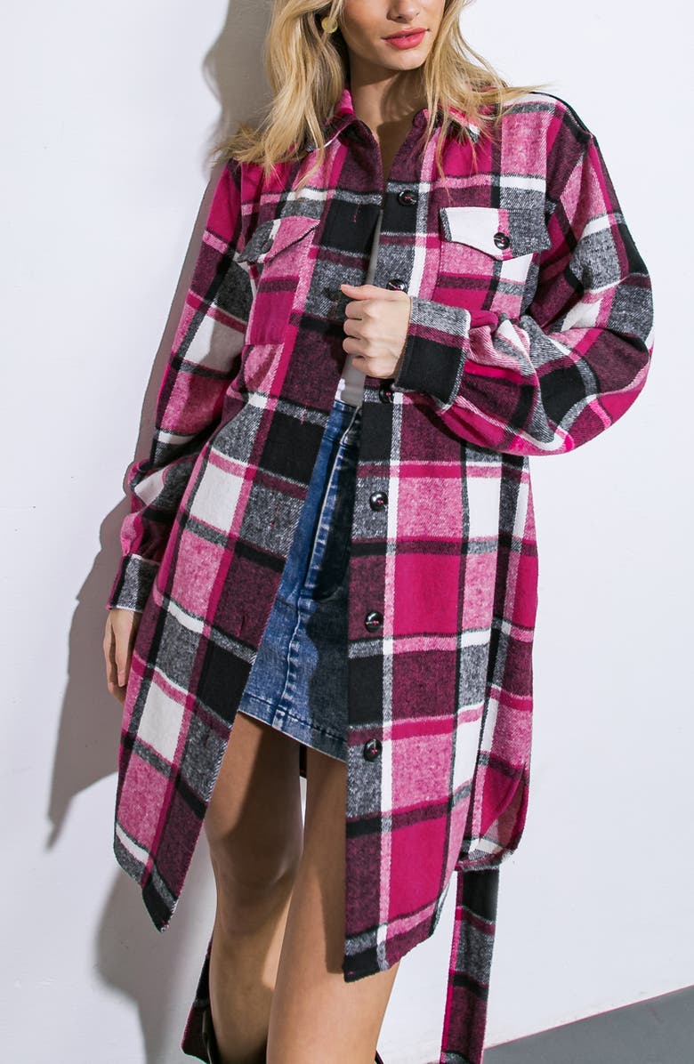 FLYING TOMATO Plaid Longline Shirt Jacket, Alternate, color, Magenta