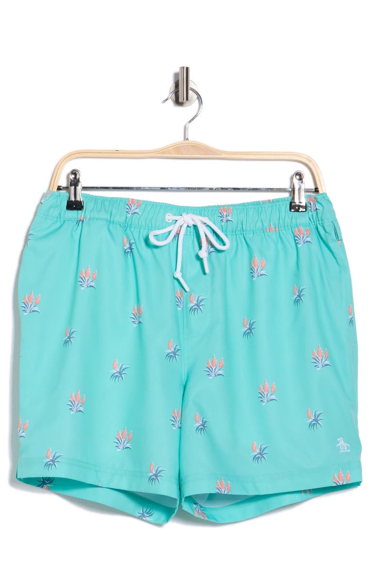 Original Penguin Retro Geo Print 5-Inch Swim Trunks, Main, color, Cockatoo