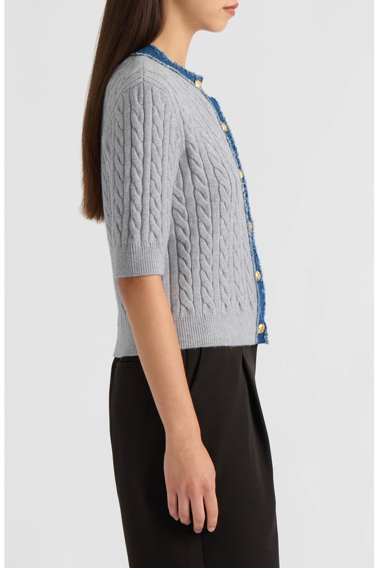 Cable Cardigan with Denim Trim, Alternate, color, LIGHT GREY MIX