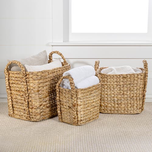 Happimess Clara Farmhouse Classic Handwoven Hyacinth Rectangle Storage Floor Baskets With Handles, In Natural