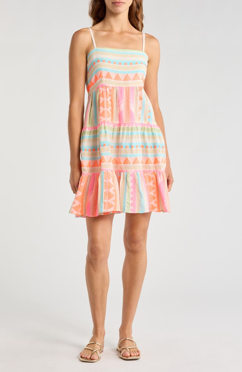 Elan Tiered Cotton Blend Cover-Up Dress, Main, color, Neon Aztec