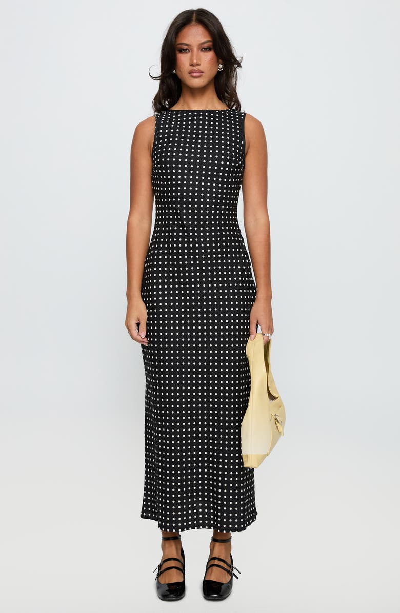 Princess Polly Voyager Polka Dot Linen Blend Dress, Alternate, color, Black Polka