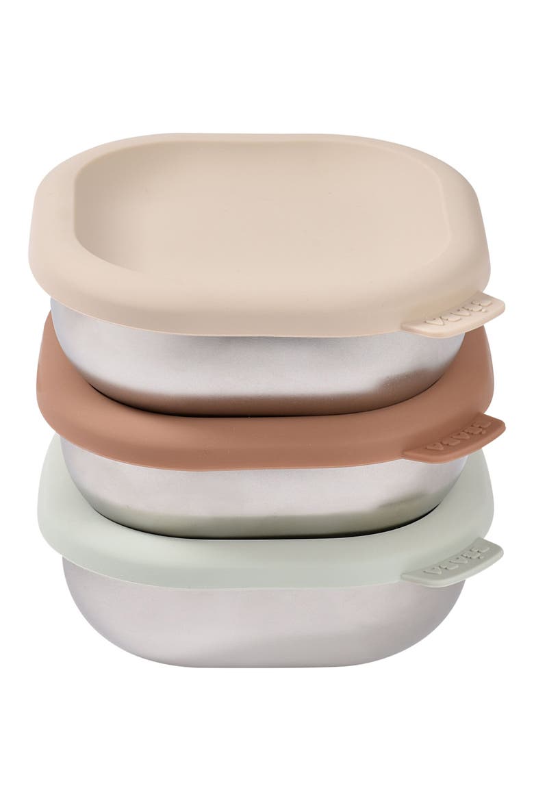 Set of 3 Microwave-Safe Stainless Steel Baby Bowls with Lids, Main, color, NATURAL
