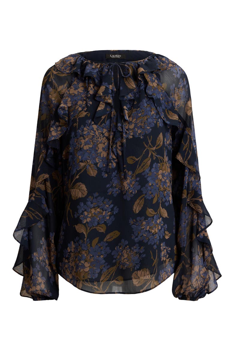 Floral Print Ruffle Trim Blouse, Alternate, color, NAVY BLUE/ MULTI