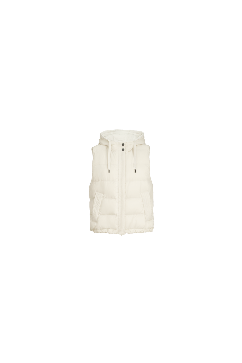 Lightweight matte nylon down vest with hood and shiny trim, Alternate, color, Milk