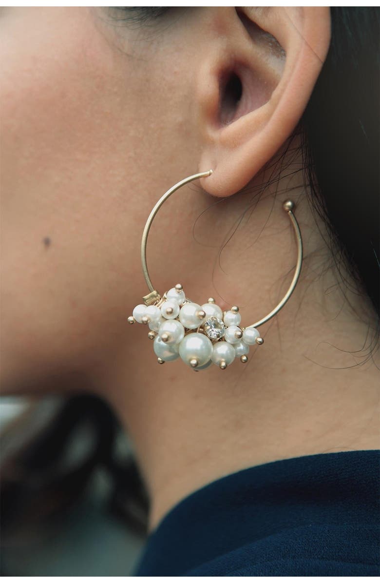 SAACHI Imitation Pearl & Stone Cluster 25mm Hoop Earrings, Alternate, color,