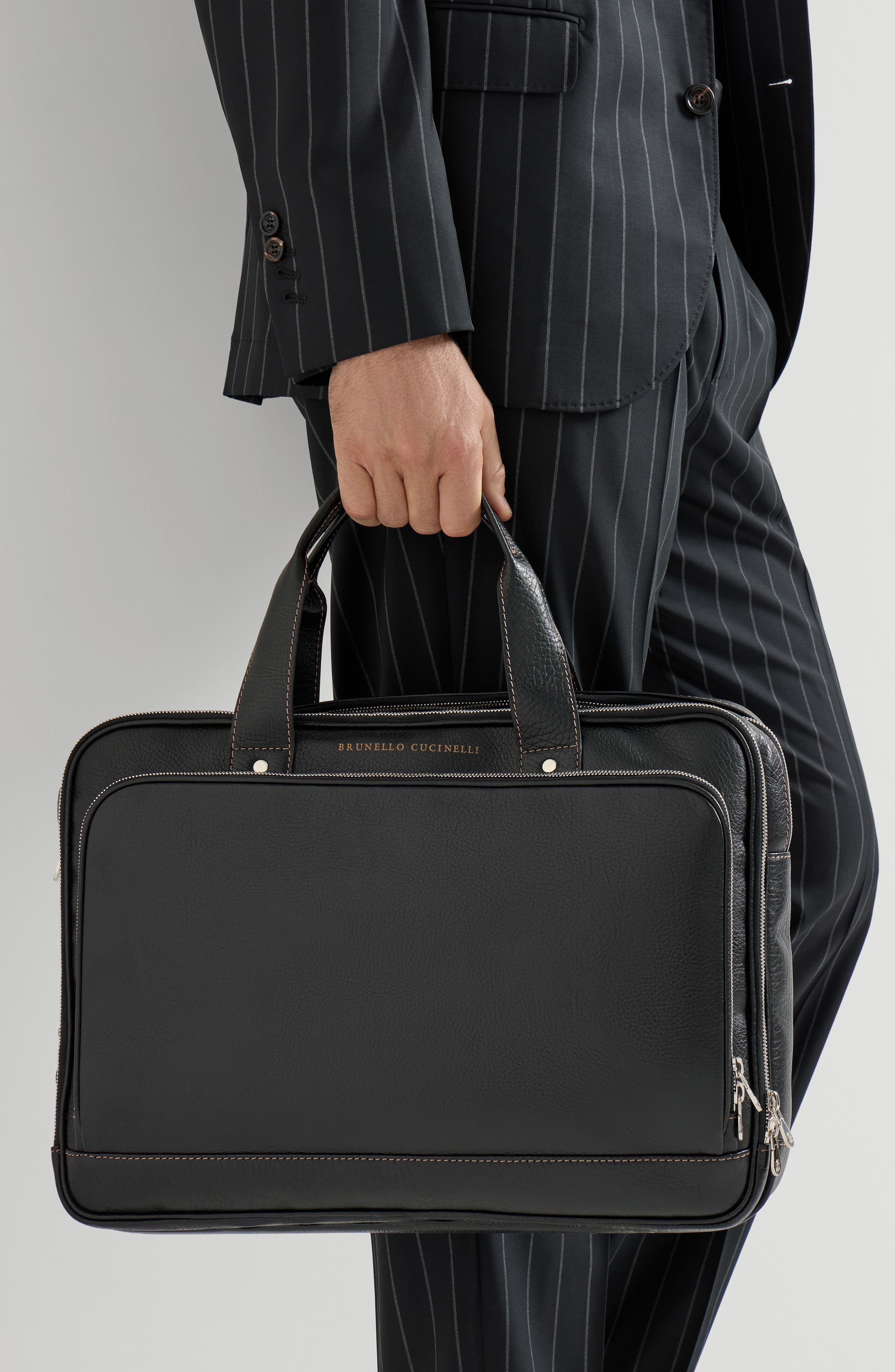 Brunello Cucinelli Grained calfskin briefcase with zipper, Alternate, color, Black