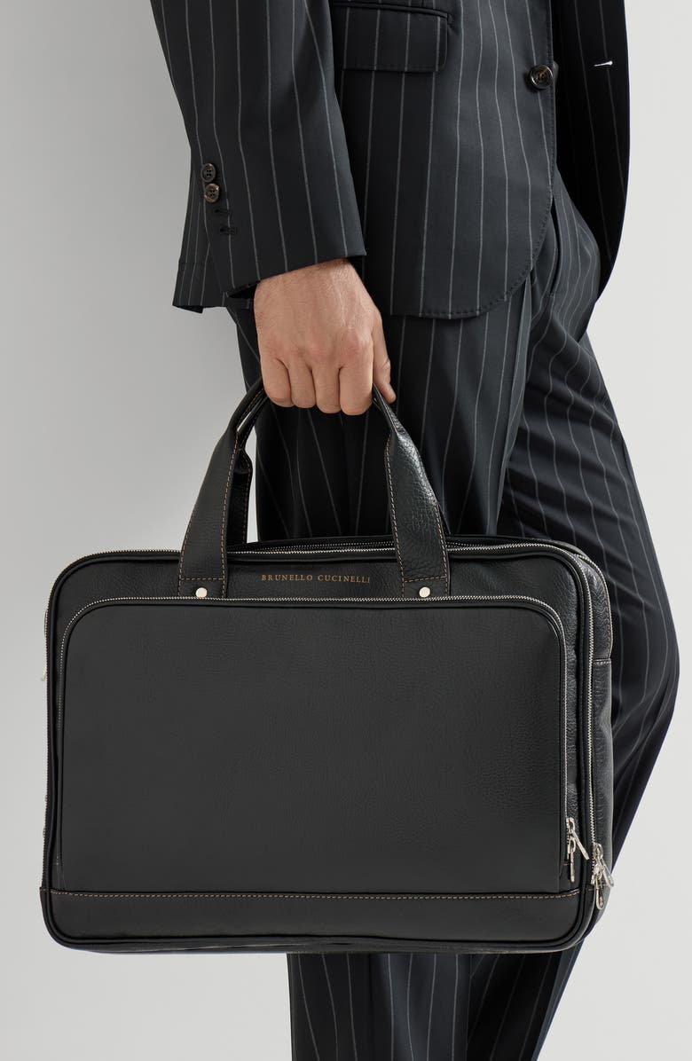 Brunello Cucinelli Grained calfskin briefcase with zipper, Alternate, color, Black