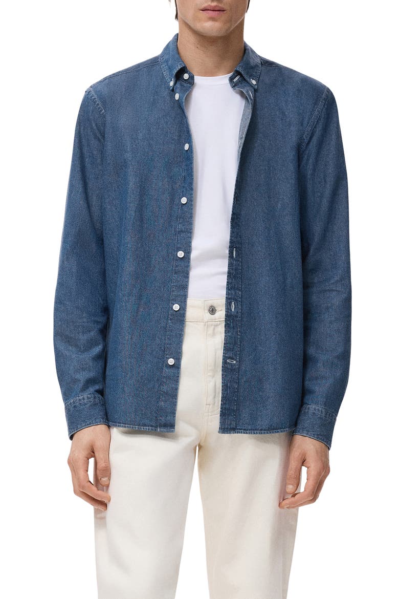 Regular Fit Cotton & Linen Denim Button-Down Shirt, Main, color, MEDIUM BLUE