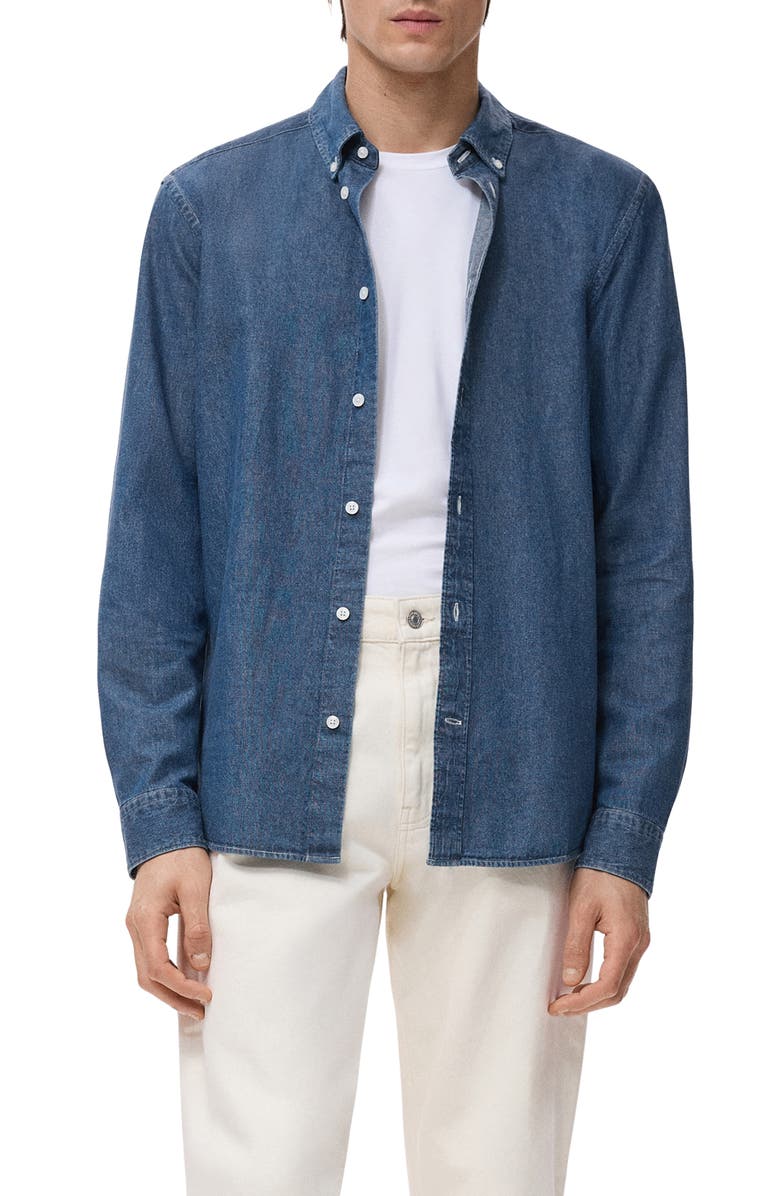 MANGO Regular Fit Cotton & Linen Denim Button-Down Shirt, Main, color, Medium Blue