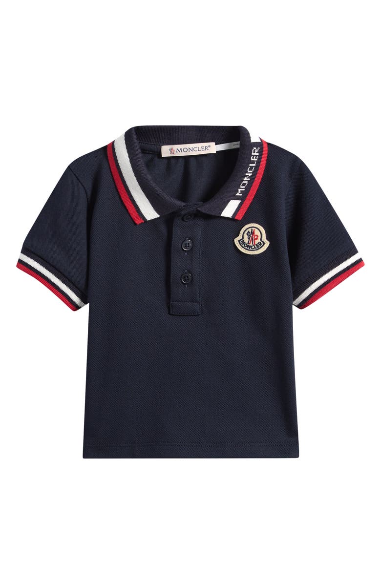Moncler Kids' Tipped Logo Patch Stretch Cotton Piqué Polo, Main, color, Navy Blue