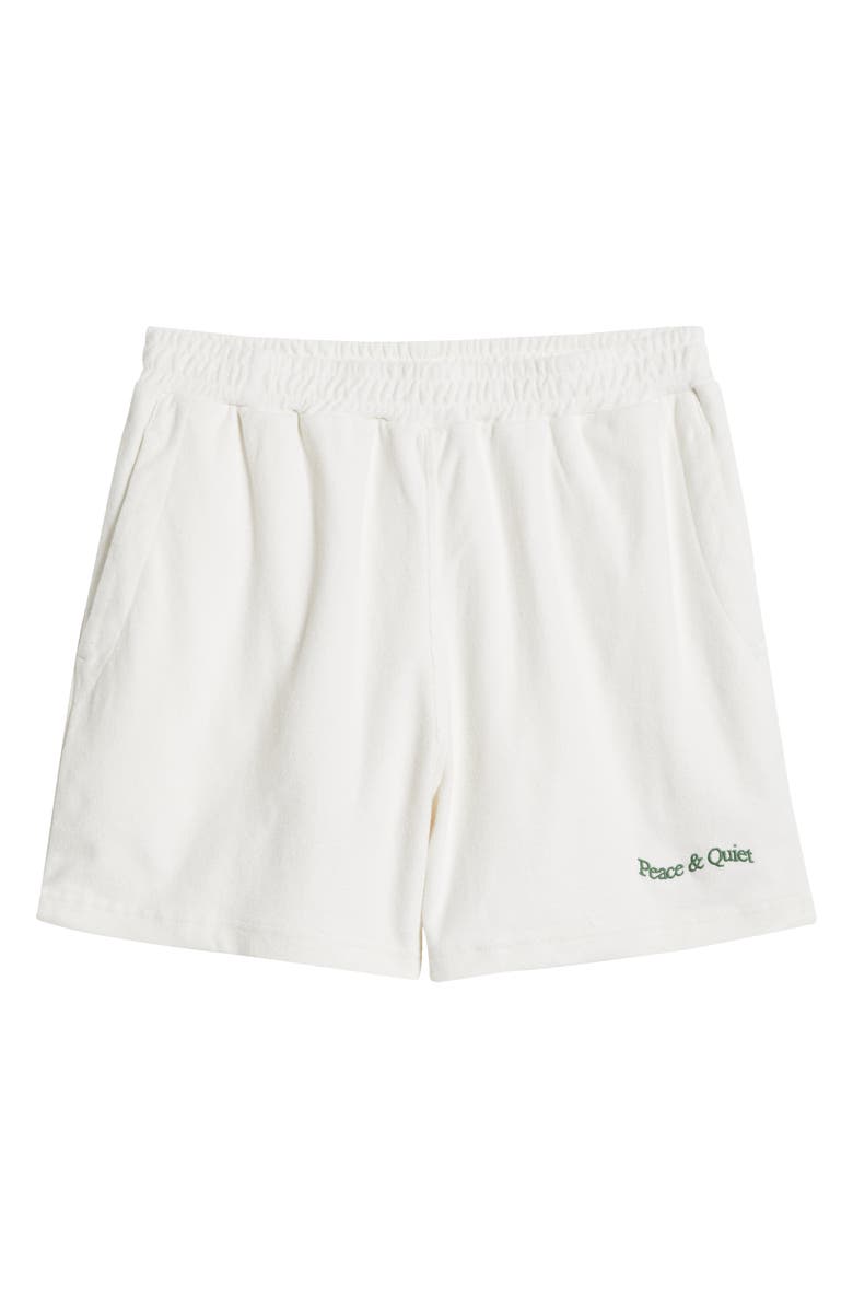 Museum of Peace & Quiet Wordmark Logo Embroidered Terry Cloth Shorts, Alternate, color, White