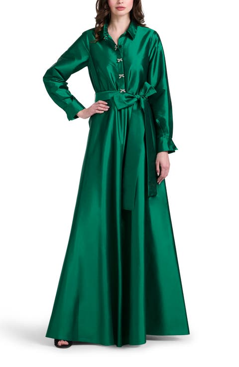 Crystal Bow Button Long Sleeve Taffeta A-Line Gown