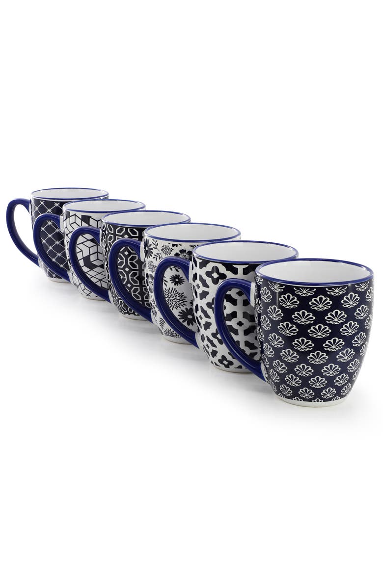 Flyn 6 Piece 16 Ounce Assorted Design Stoneware Mug Set, Alternate, color, Blue