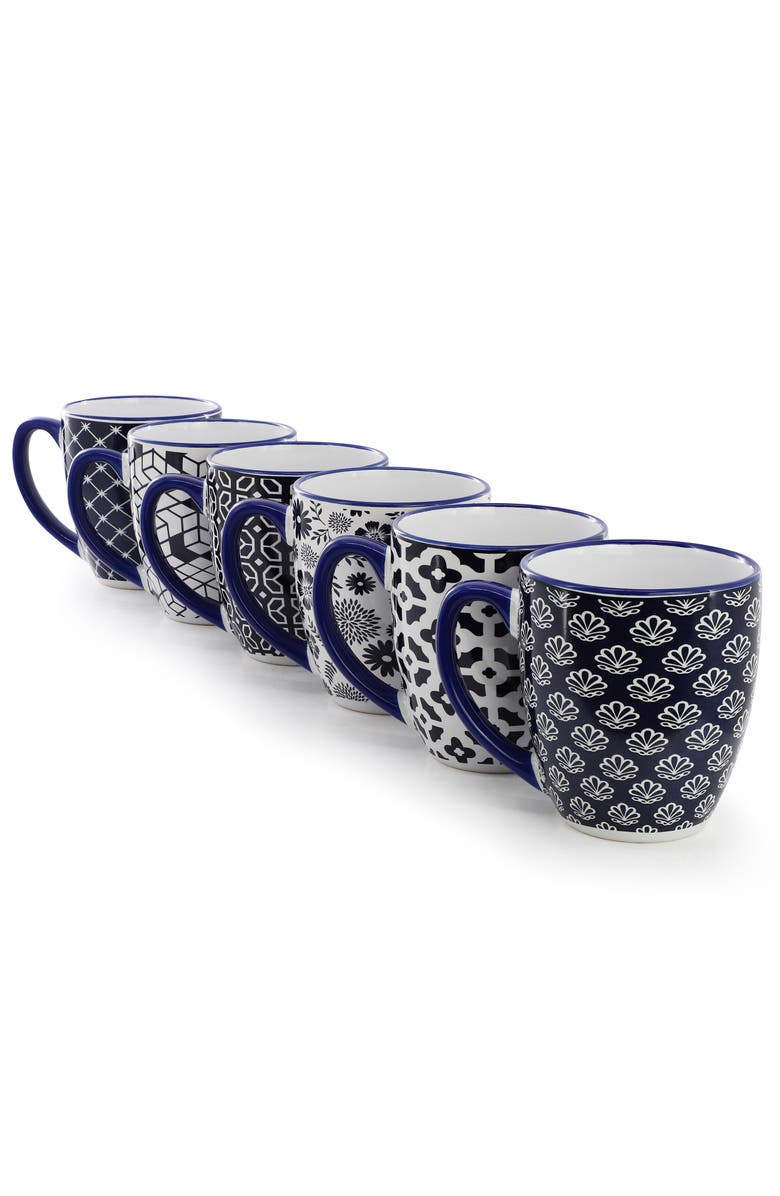 Elama Flyn 6 Piece 16 Ounce Assorted Design Stoneware Mug Set, Alternate, color, Blue