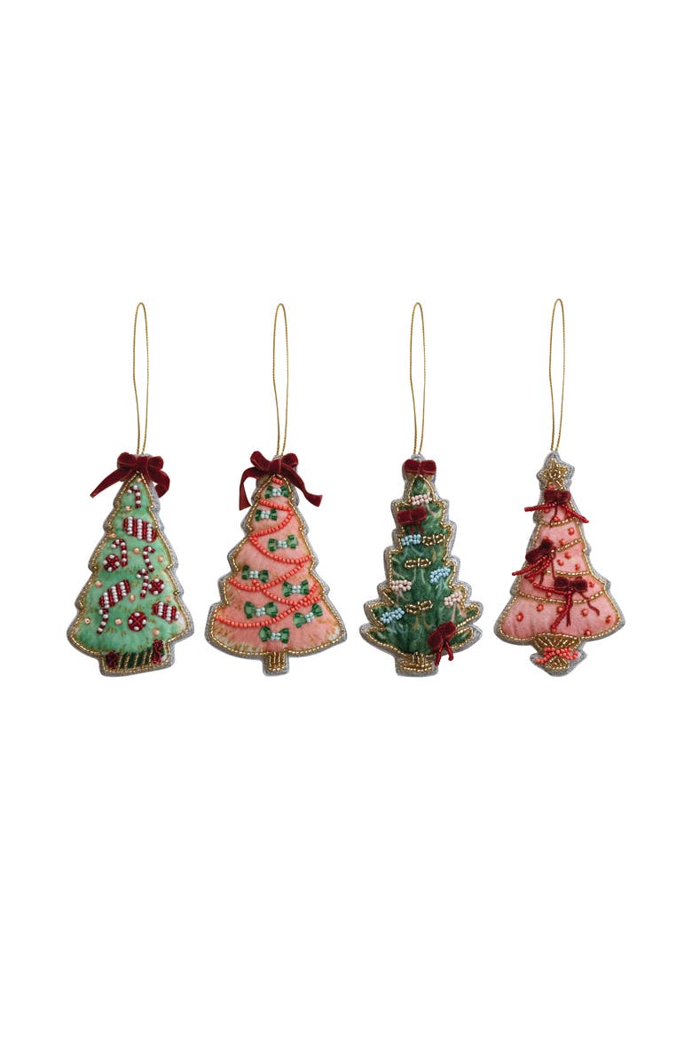 4-Piece Handmade Beaded Fabric Christmas Tree Ornament with Velvet Bow, Multicolor, Main, color, Multicolor