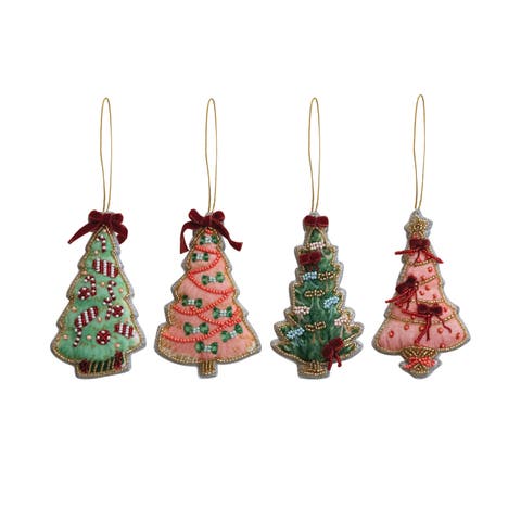 4-Piece Handmade Beaded Fabric Christmas Tree Ornament with Velvet Bow, Multicolor