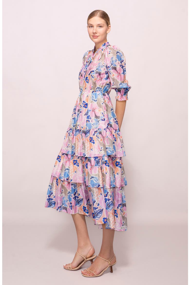 Printed Tiered Midi Dress, Alternate, color, PINK BLUE