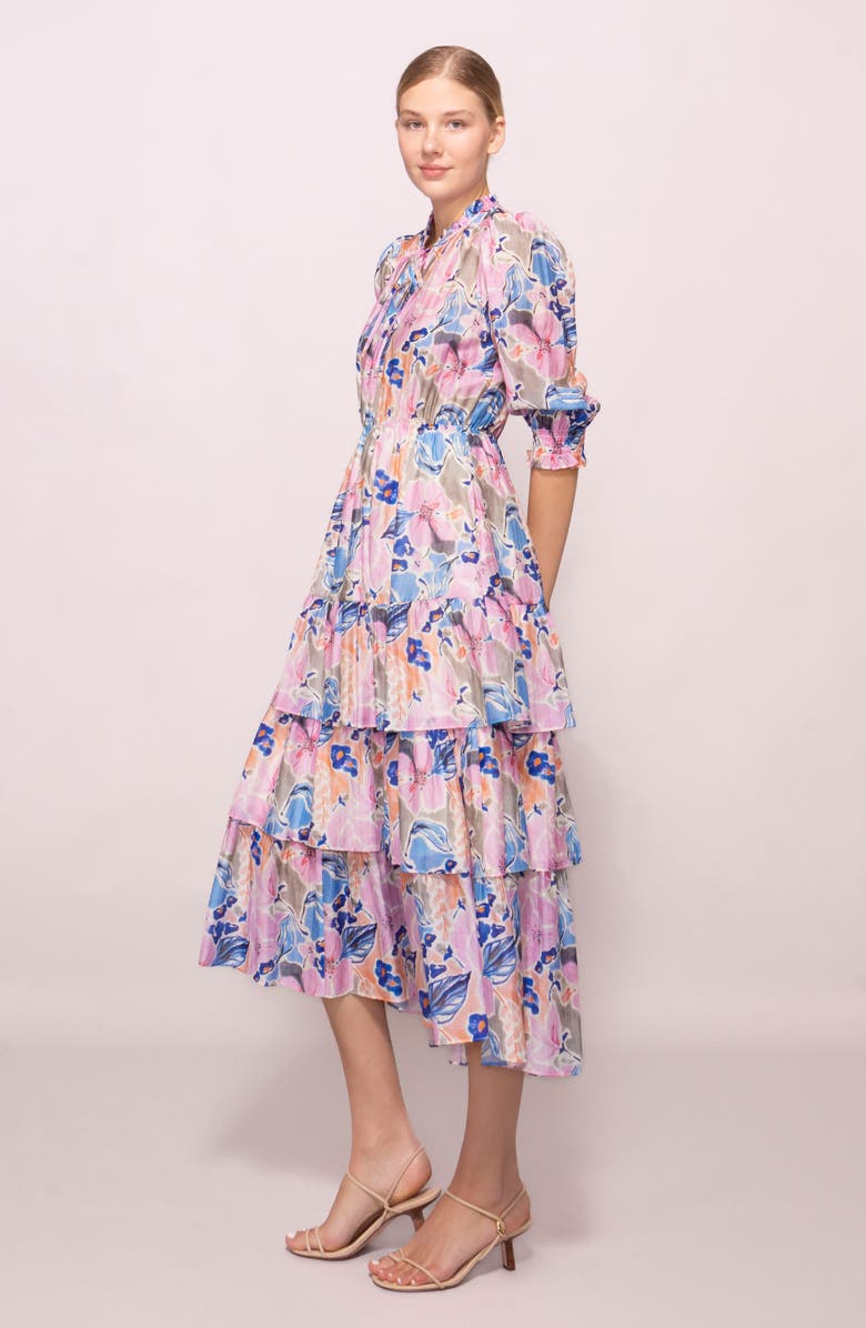 MELLODAY Printed Tiered Midi Dress, Alternate, color, Pink Blue