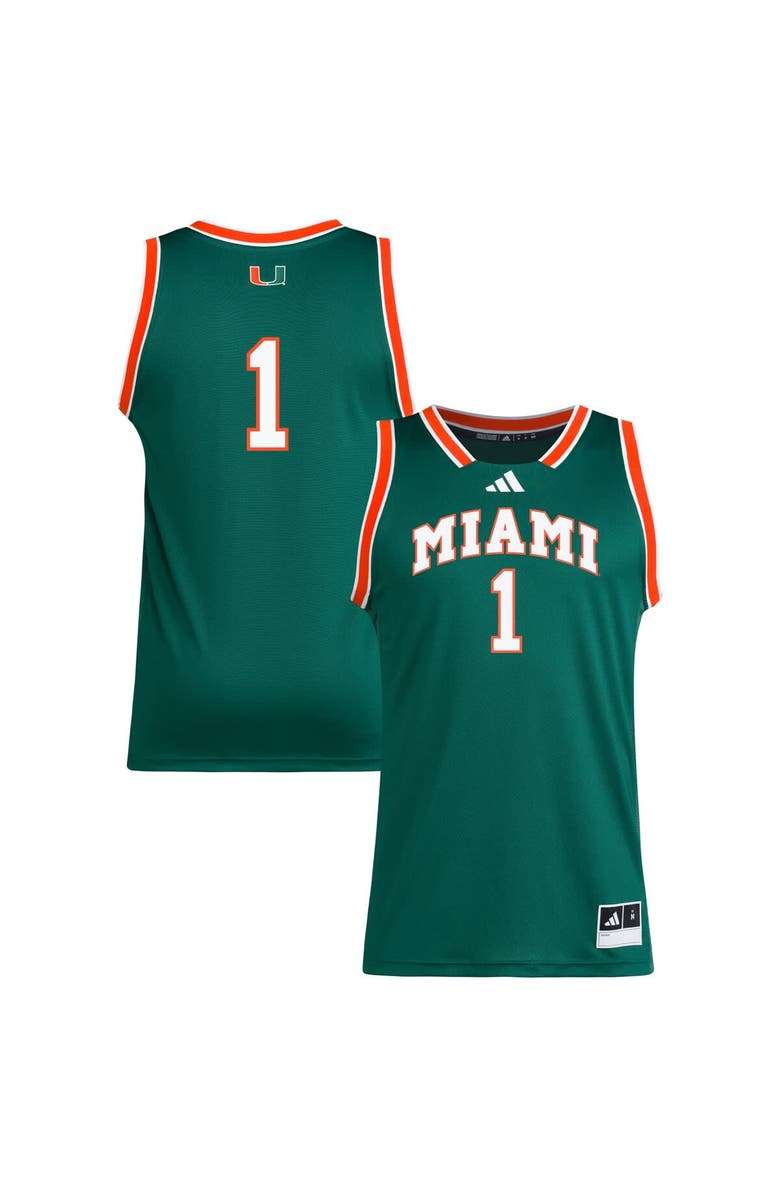 adidas Men's adidas #1 Green Miami Hurricanes Replica Swingman Jersey, Main, color, Green