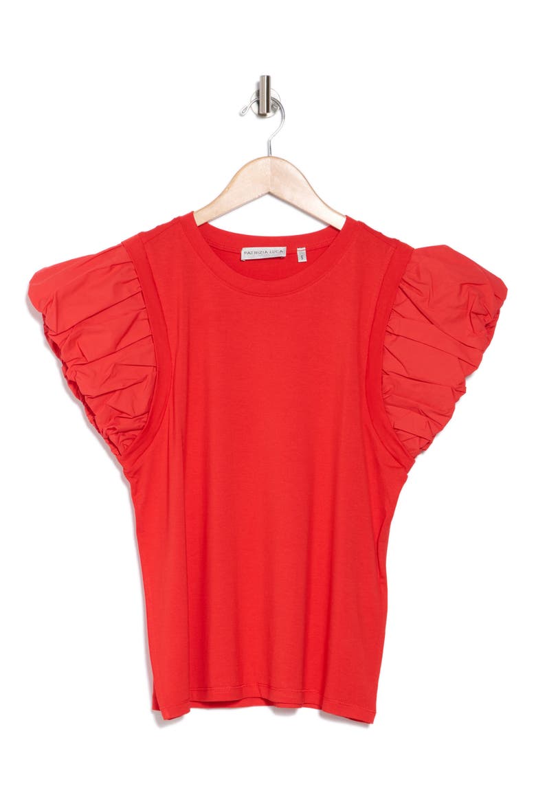 Ruched Puff Sleeve Mixed Media T-Shirt, Alternate, color, RED
