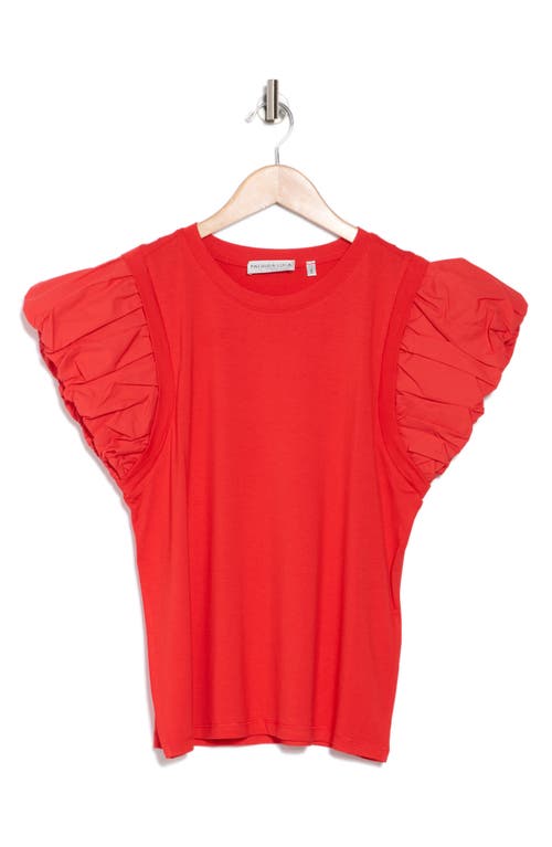 Patrizia Luca Ruched Puff Sleeve Mixed Media T-shirt In Red