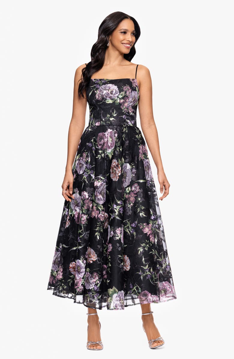 Betsy & Adam Print Embroidered Sleeveless Gown, Alternate, color, Black/Plum