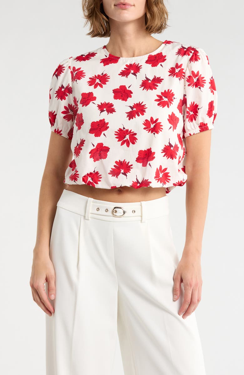 ELIE ELIE TAHARI Floral Print Bubble Hem Cropped Top, Main, color, White / Red Flower