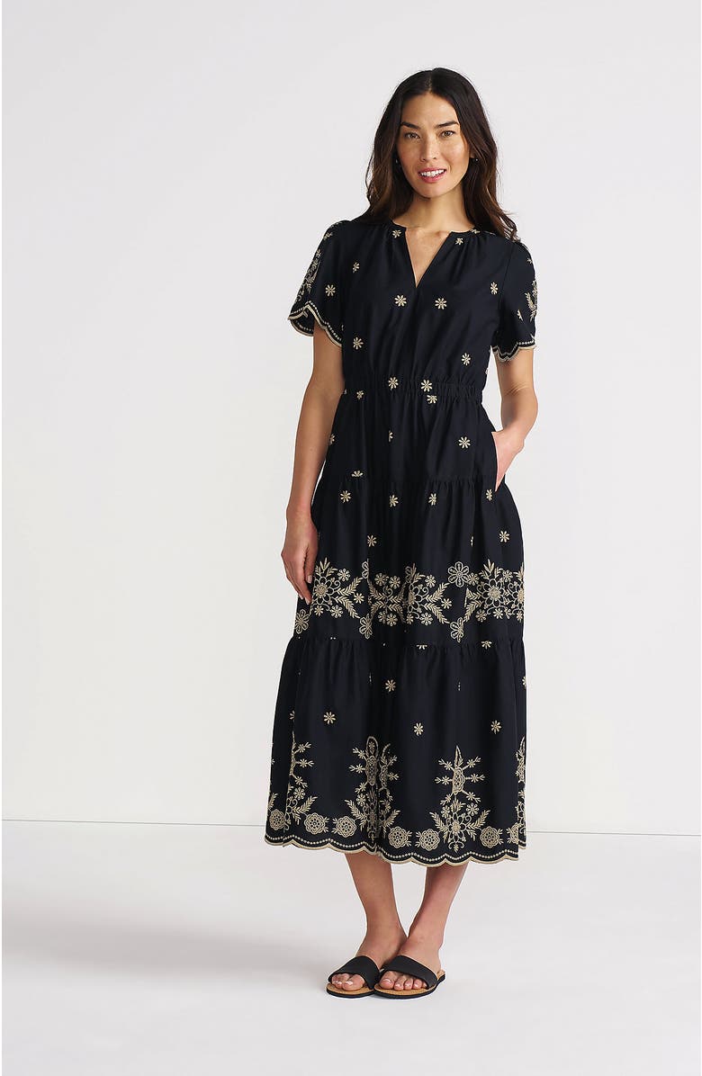 Lands' End Tiered Cotton Poplin Embroidered Maxi Dress, Main, color,