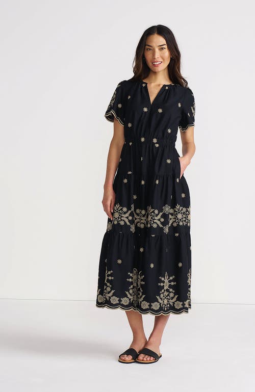LANDS' END LANDS' END TIERED COTTON POPLIN EMBROIDERED MAXI DRESS