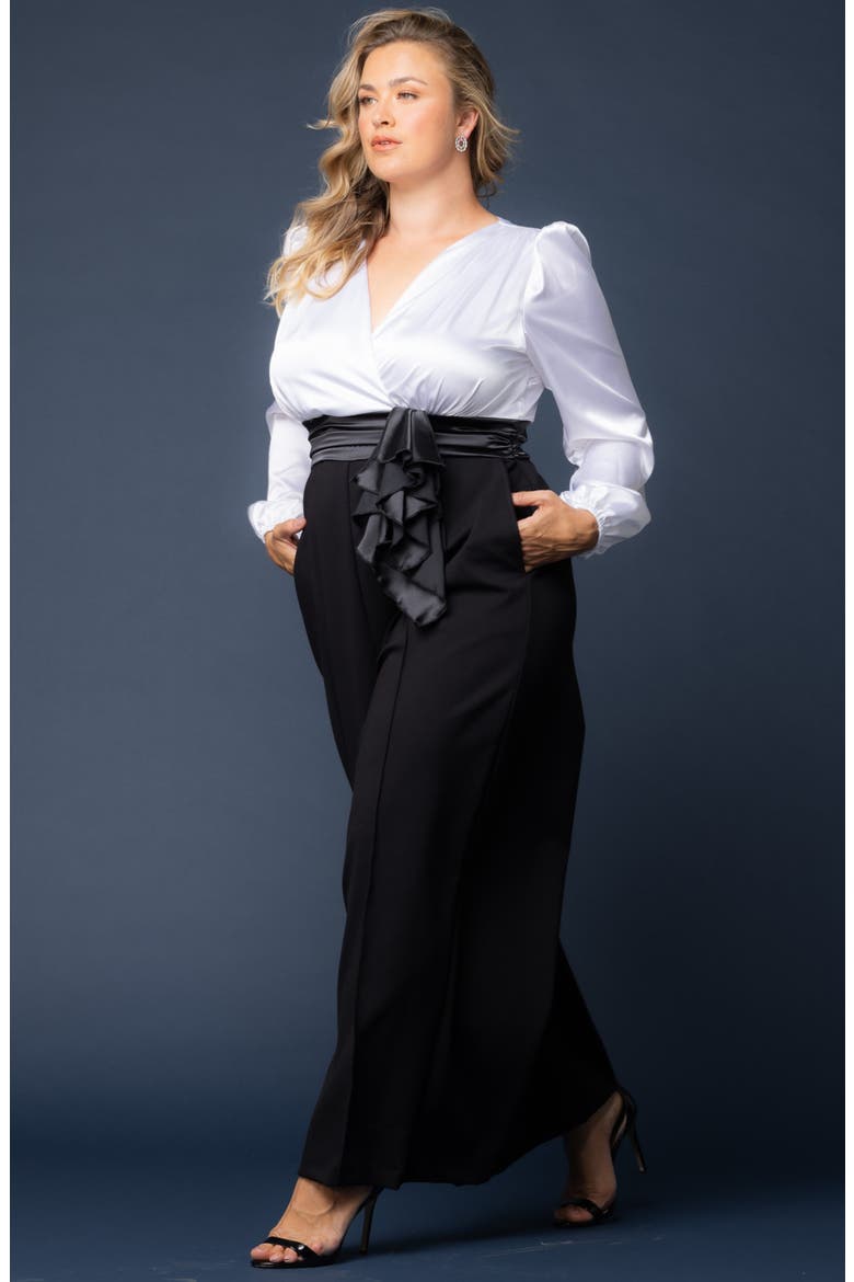 Refined Puff Shoulder Long Sleeve Wide Leg Jumpsuit, Alternate, color, BLACK TIE AFFAIR
