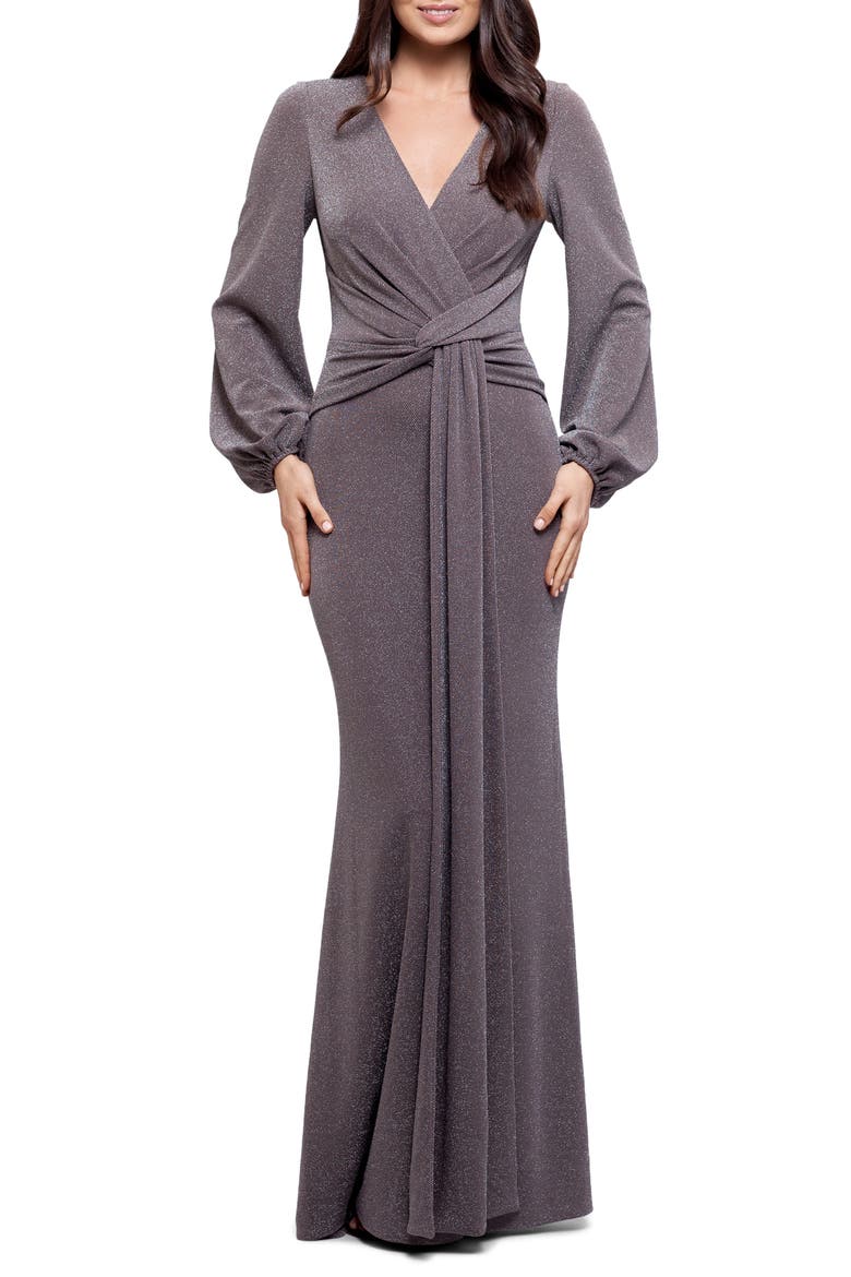 Metallic Knit Long Sleeve Gown, Main, color, TAUPE/ SILVER