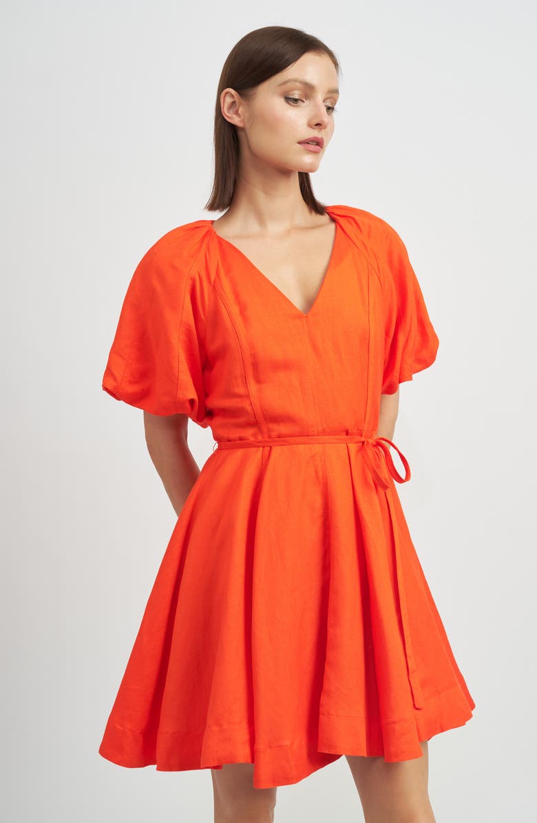 En Saison Sonnet Puff Sleeve Linen Blend Minidress, Alternate, color, Tomato Red