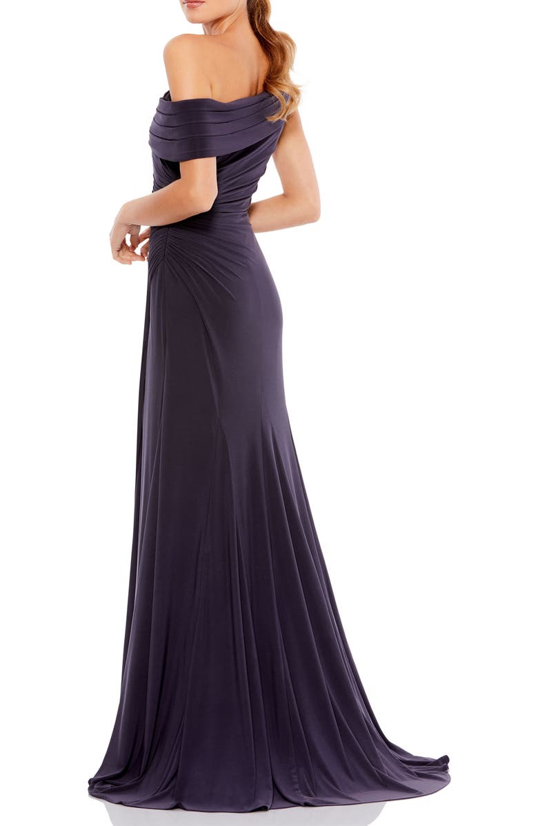 Mac Duggal Foldover off-the-shoulder slit gown, Alternate, color, Charcoal