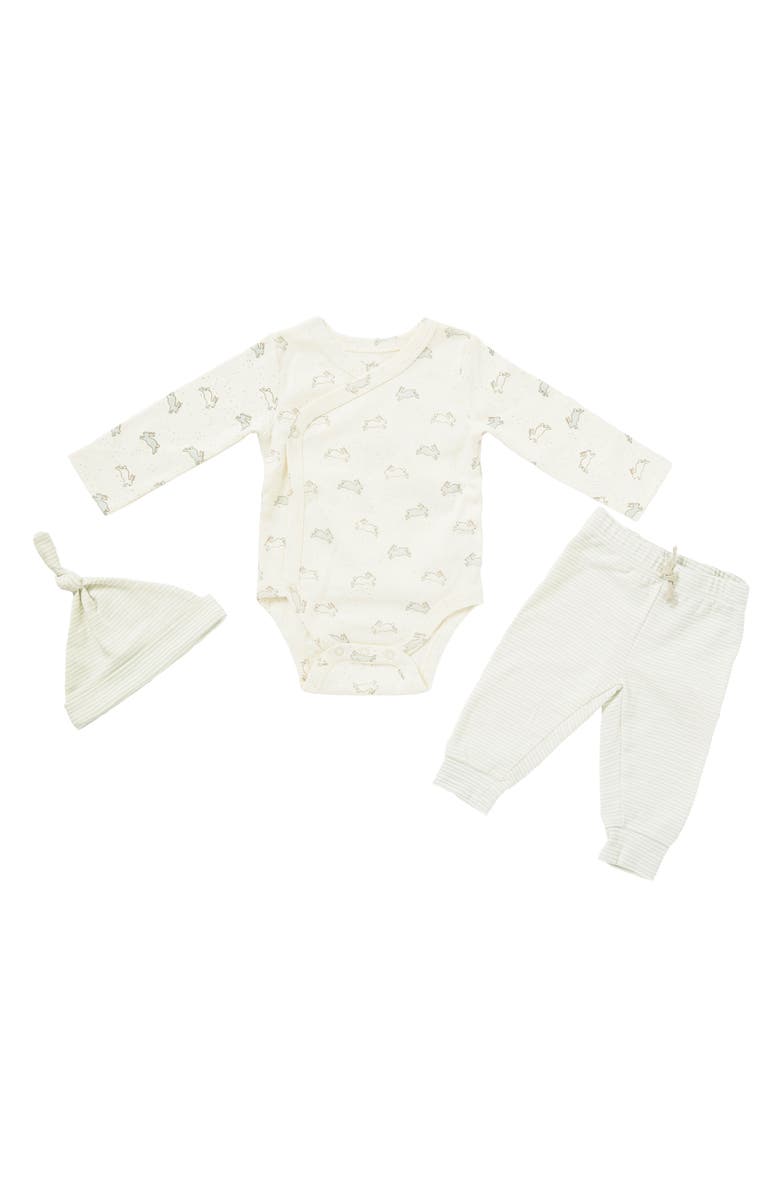 Pehr Tiny Bunny Bodysuit, Pants & Hat Set, Main, color, 