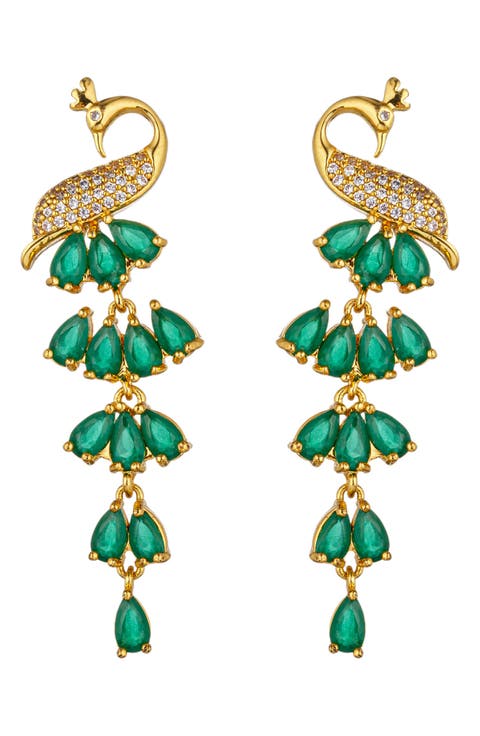 Mona 18K Gold Plated Cubic Zirconia Peacock Drop Earrings