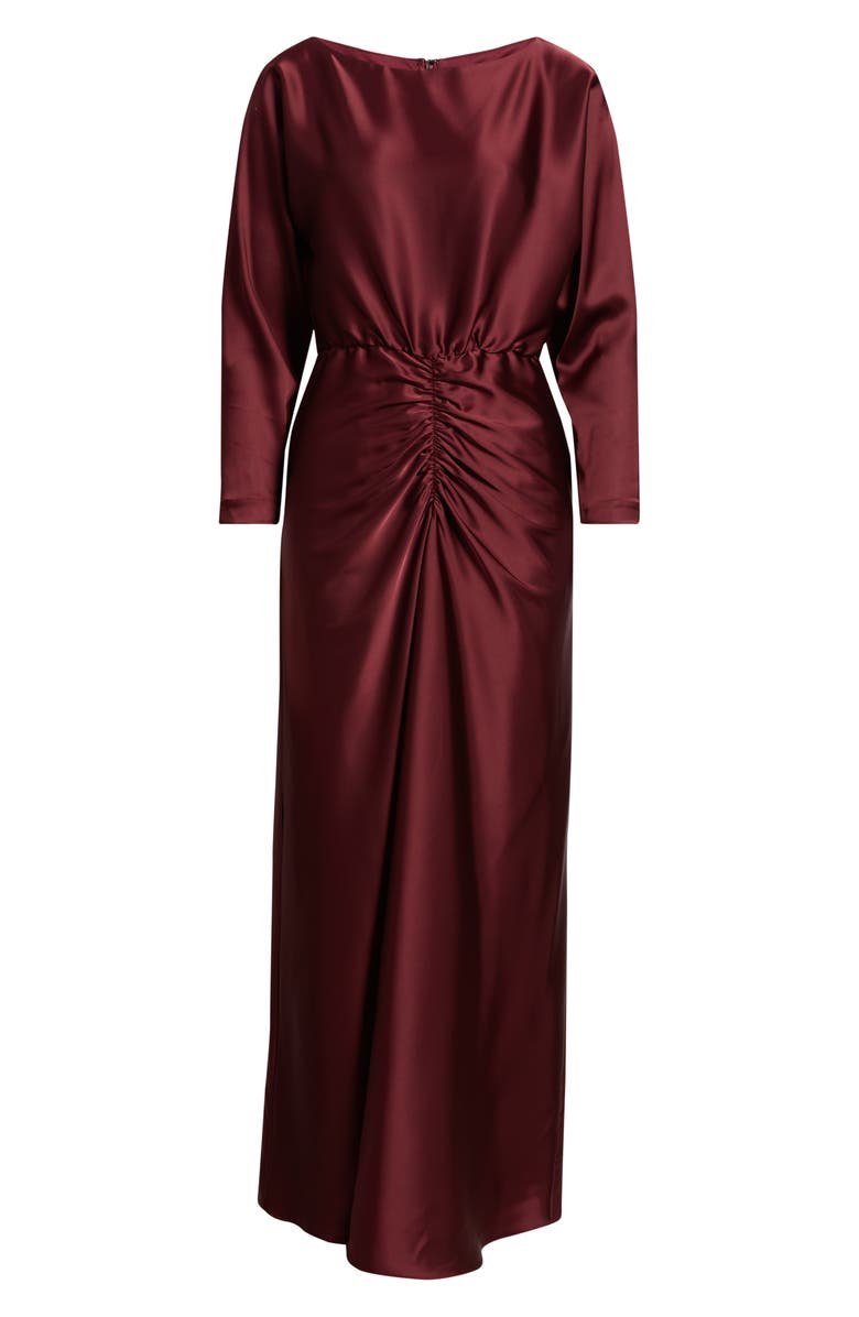 Julia Jordan Ruched Detail Long Sleeve Satin Gown, Alternate, color, Wine
