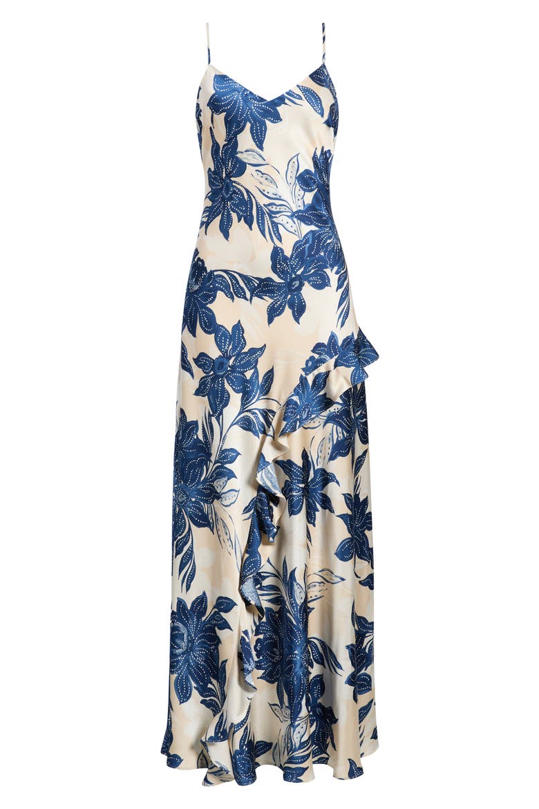 Floral V-Neck Ruffle Maxi Slipdress, Alternate, color, COASTAL FJORD