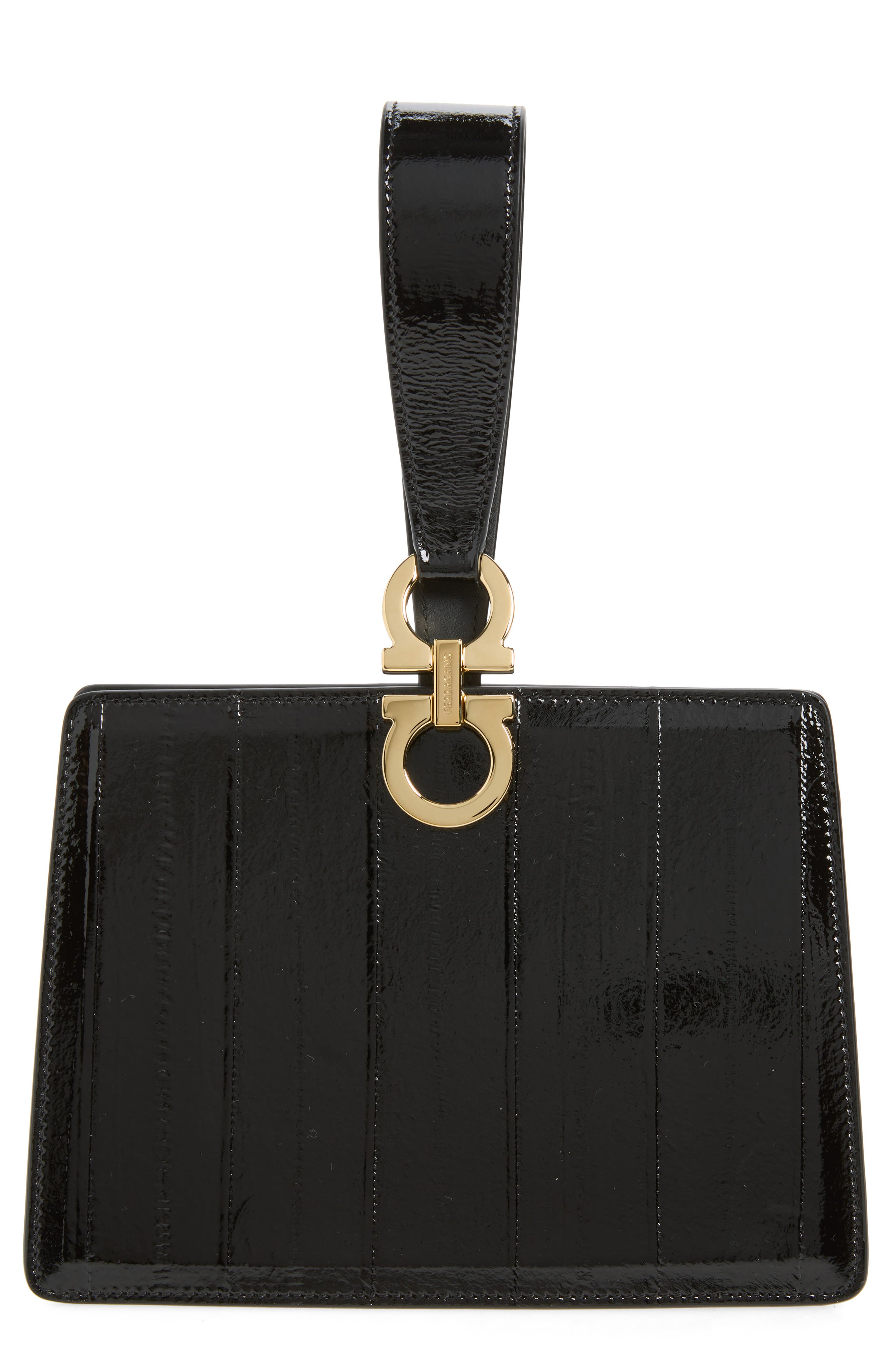 Double Gancio Patent Leather Clutch, Main, color, NERO