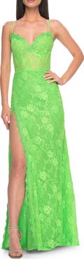 La Femme Scallop Detail Lace Fitted Prom Dress with Illusion Bodice