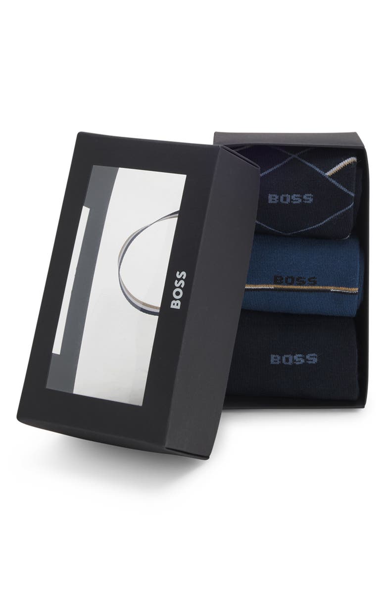 BOSS Assorted 3-Pack Geometric & Solid Cotton Blend Dress Socks Gift Box, Alternate, color, Black