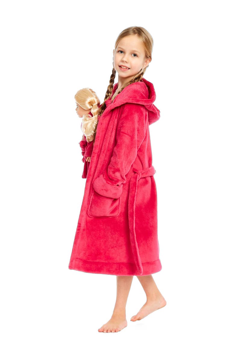 Leveret Girls Fleece Hooded Robe with Matching Doll Robe, Alternate, color, Hot Pink