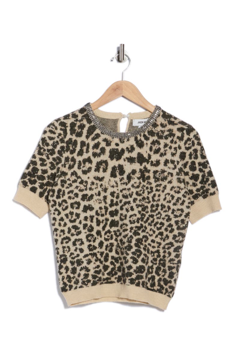 Leopard Spot Jacquard Short Sleeve Sweater, Alternate, color, LEOPARD BROWN