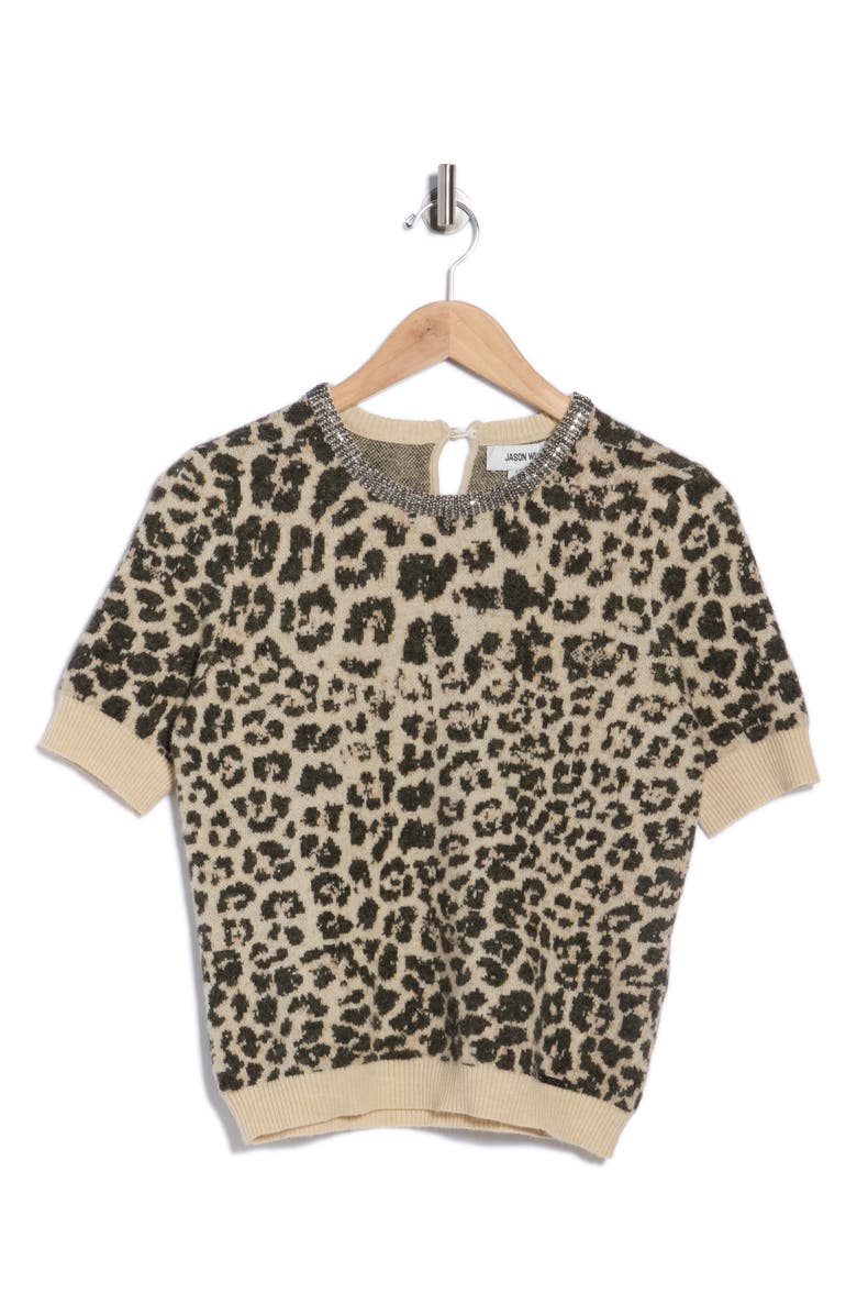 JASON WU Leopard Spot Jacquard Short Sleeve Sweater, Alternate, color, Leopard Brown