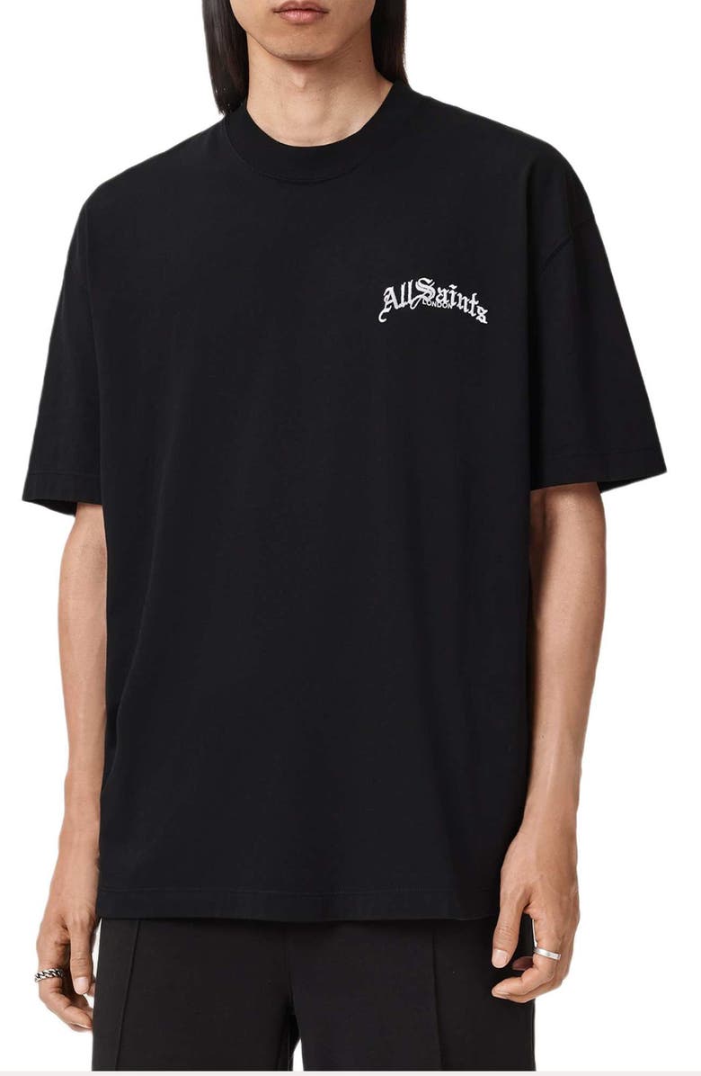 AllSaints Descent Overize Embroidered Cotton T-Shirt, Main, color, Washed Black