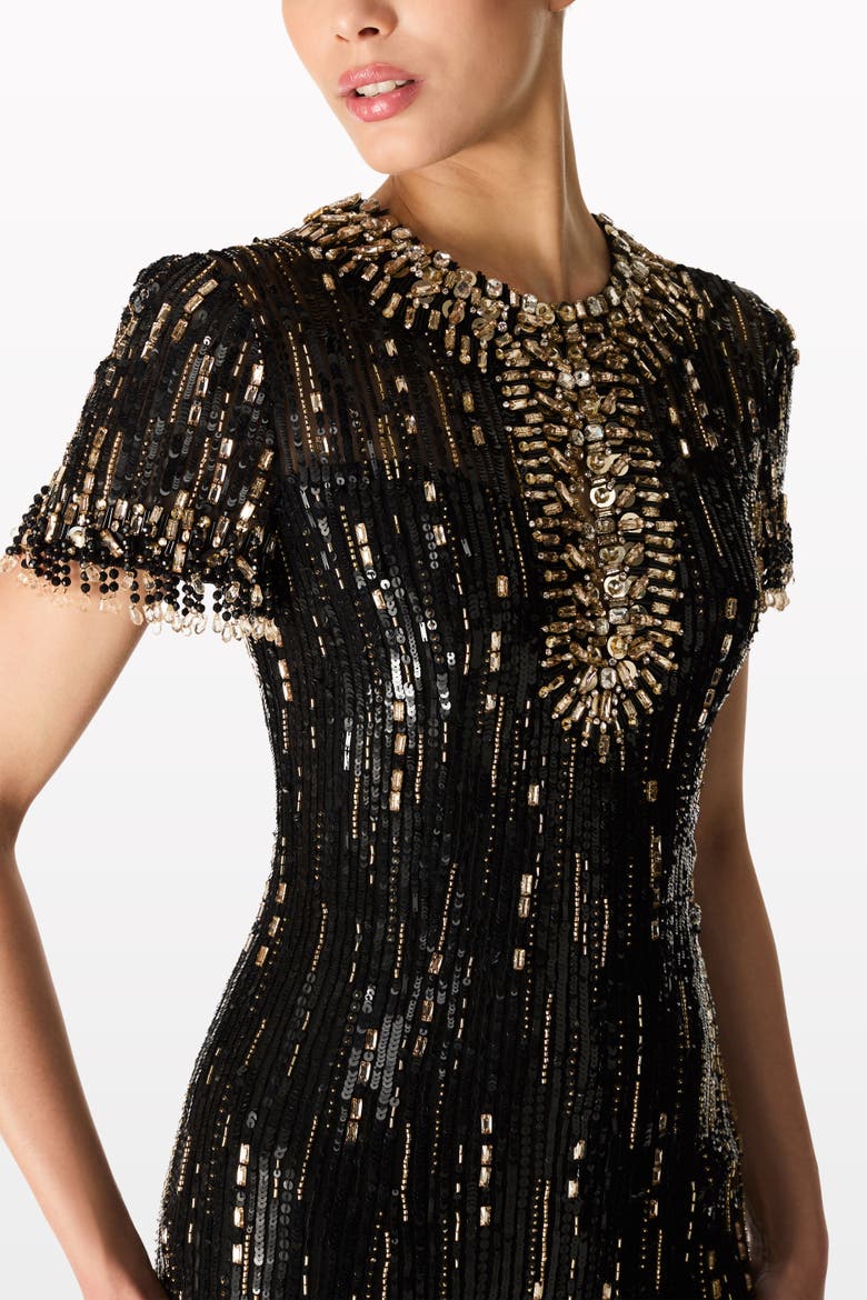 Nova Sequin-Embellished Keyhole-Neck Maxi Dress, Alternate, color, Liquorice/Gold