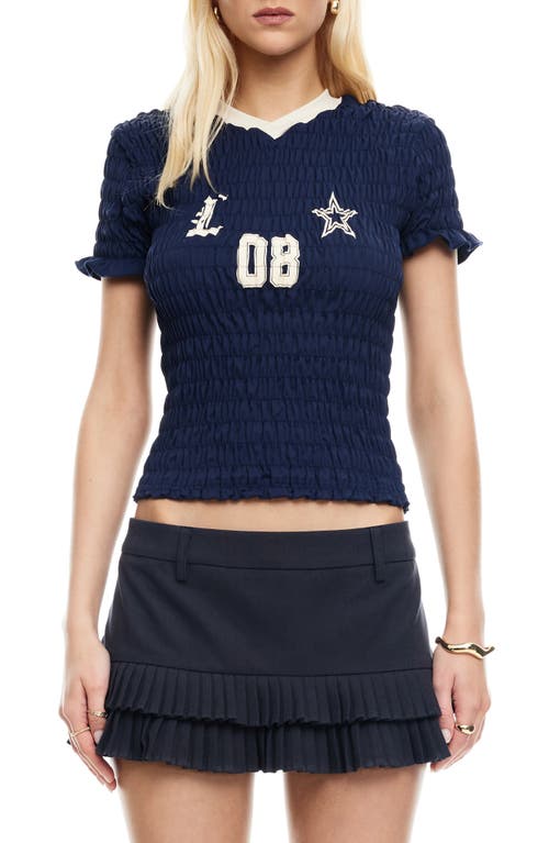 LIONESS Spectate Smocked Jersey Top in Indigo 